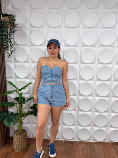 STRAPPLES DENIM SHORT SET
