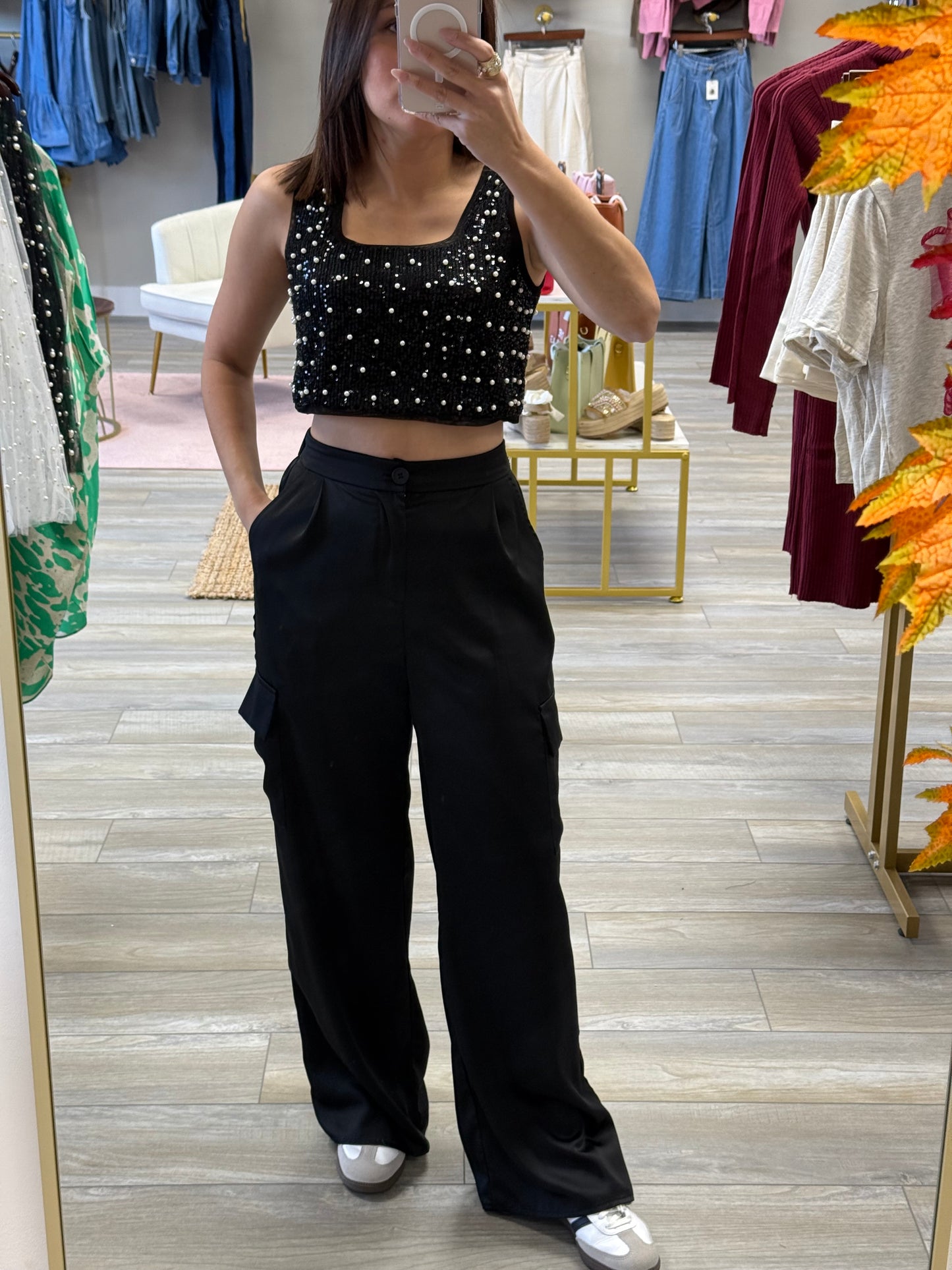 BELY SEQUIN AND PEARL SLEEVELESS CROP TOP