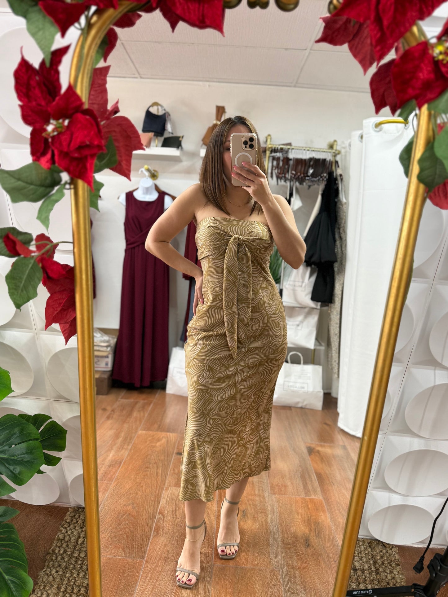 STRAPPLES FRONT TIE MIDI DRESS