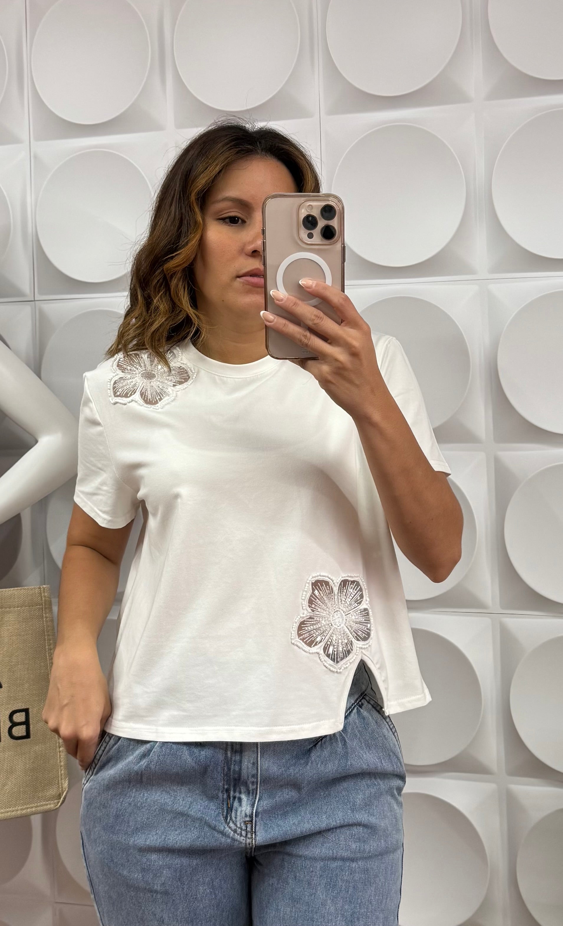 Rhinestone Flower Detail R Neck T Shirt