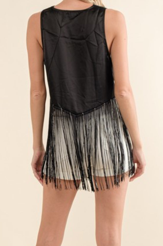 Satin Fringe Top Black