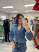 RESTOCK,DENIM TOP WITH NECK AND TIE BOWS IN FRONT